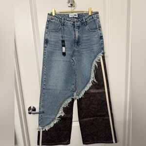 Asymmetrical Denim & Faux Leather Jeans Women's Jeans